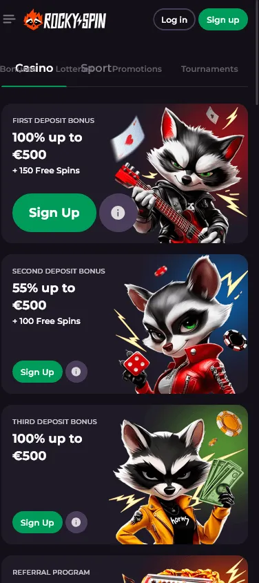 Rockyspin Casino mobile promotions interface with bonus offers