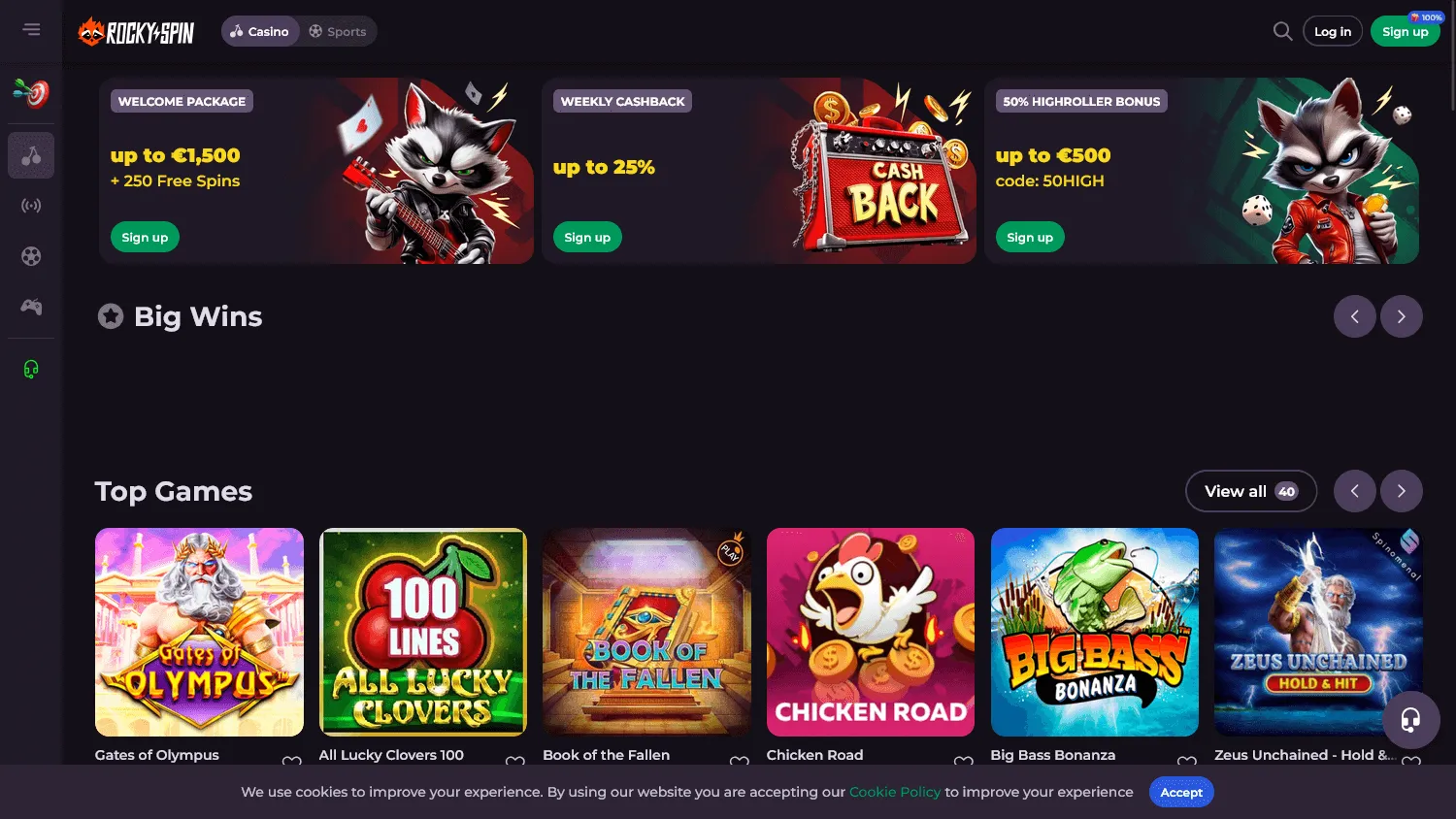 Rockyspin Casino desktop home interface with casino and sportsbook access