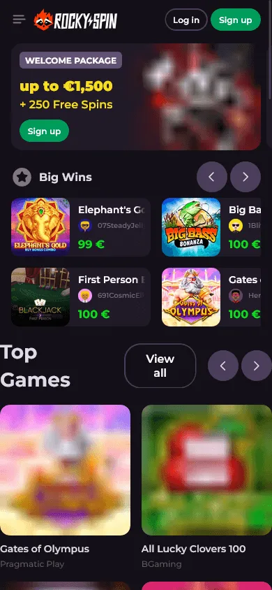 Rockyspin Casino mobile home interface with account and gaming access