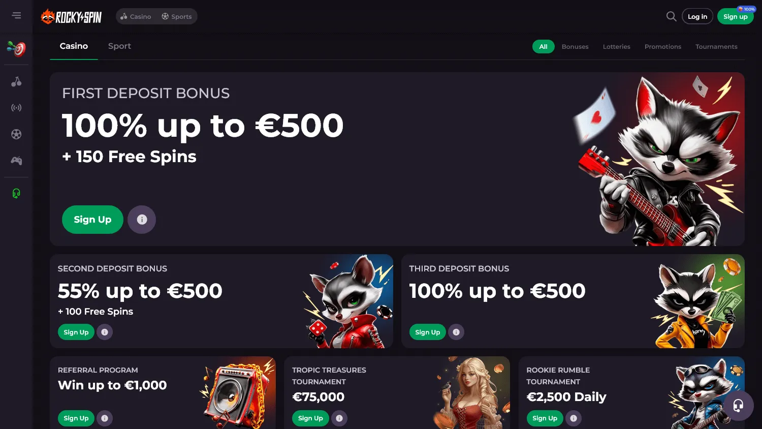 Rockyspin Casino desktop promotions area with welcome and ongoing rewards